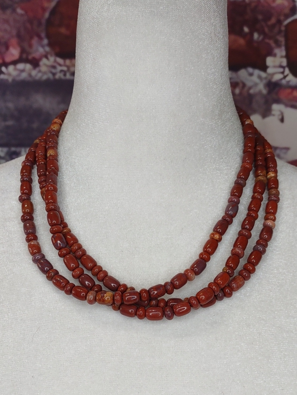 Jay King Triple Strand Red Moss Agate  Necklace